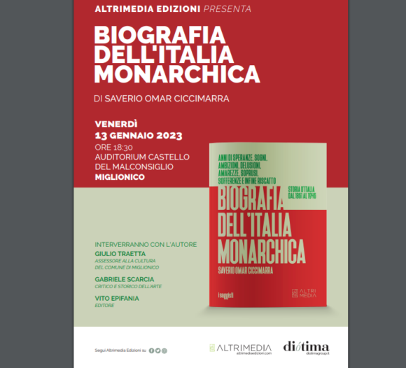 “Biografia dell’Italia monarchica. Storia d’Italia dal 1861 al 1946” di Saverio Omar Ciccimarra: presentazione oggi a Miglionico, auditorium del Castello del Malconsiglio