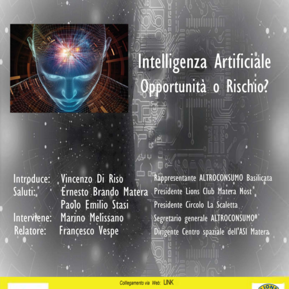 “Intelligenza Artificiale. Opportunità o rischio?”: appuntamento il 19 a Matera con Altroconsumo Basilicata: ospite Francesco Vespe dell’Agenzia Spaziale Italiana