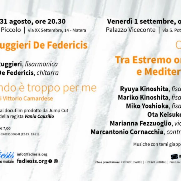 La XII edizione del Fadiesis Accordion in Basilicata dedica un concerto a Vittorio Camardese. Due appuntamenti a Matera per il Festival Internazionale fisarmonicistico: il 31 agosto e il primo settembre