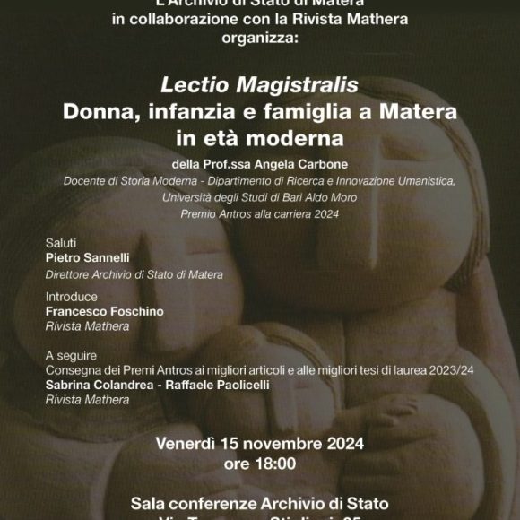 Matera, nell’Archivio di Stato Lectio Magistralis “Donna, infanzia e famiglia a Matera in età moderna” della professoressa Angela Carbone